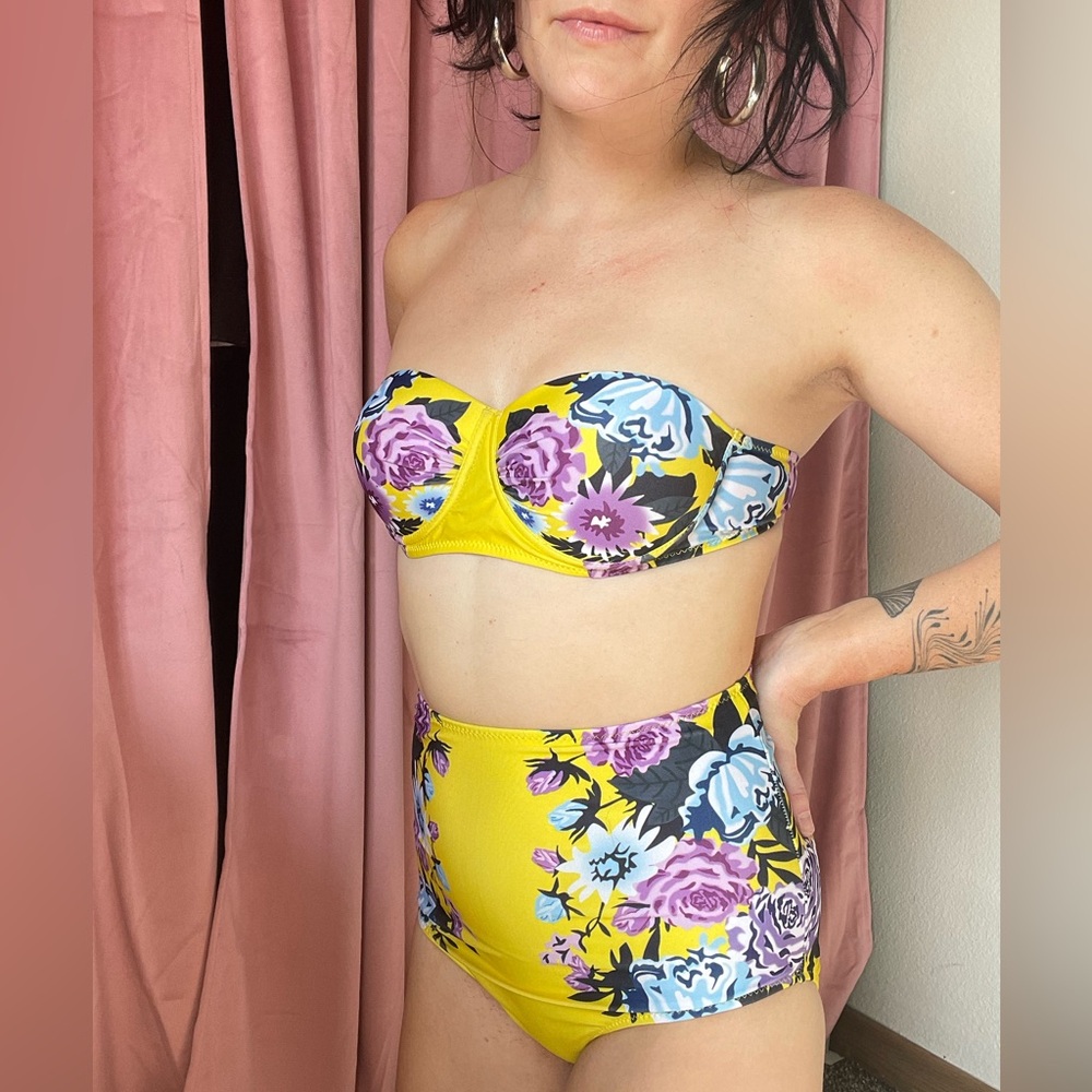 Floral Yellow High-Waisted Bikini Set